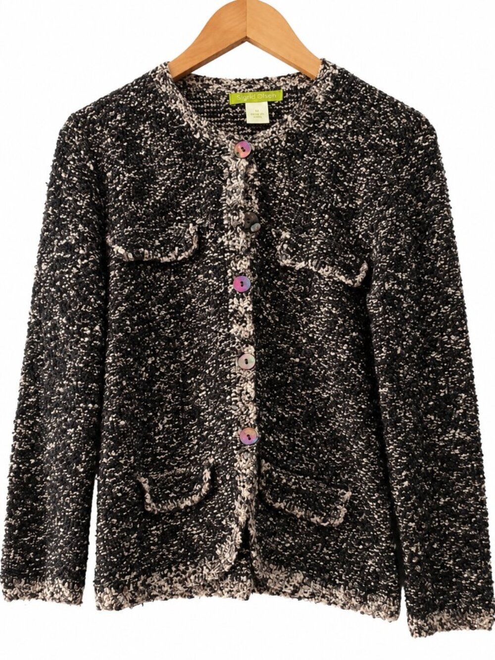 Sigrid Olsen Black Textured Knit Cardigan with Iridescent Buttons Size M